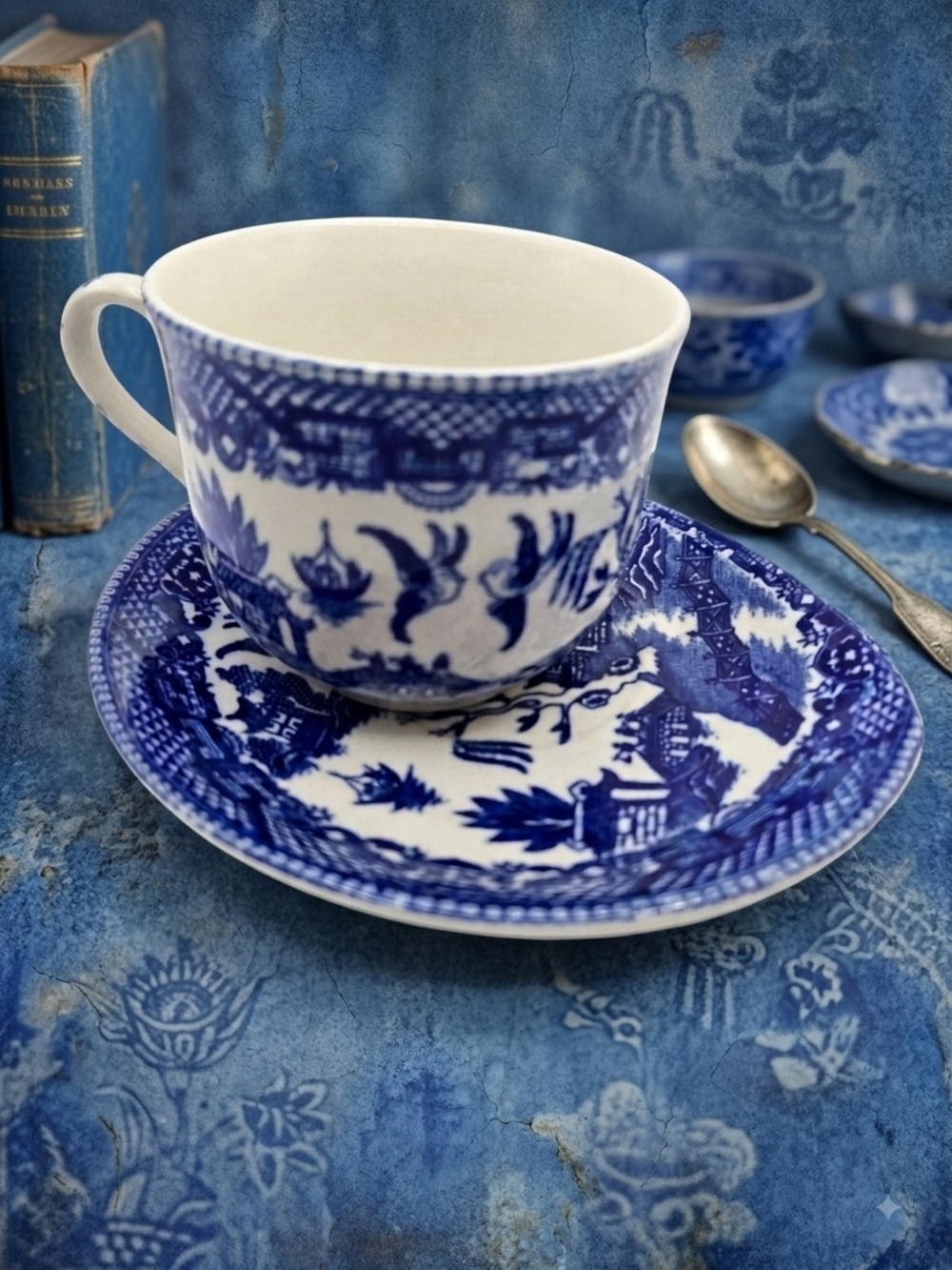 Blue Willow Porcelain Teacup and Saucer Set - Classic Blue Pattern